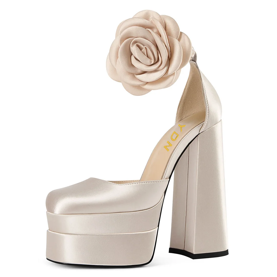 Champagne Satin Platform Square Toe Floral Women Chunky Heels