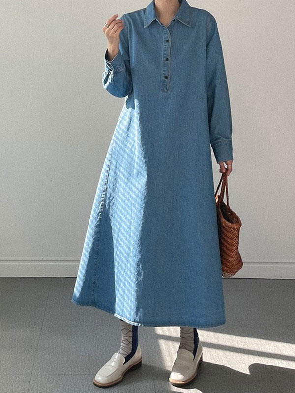 Loose Retro Lapel Single Row Buckle Denim Maxi Dress