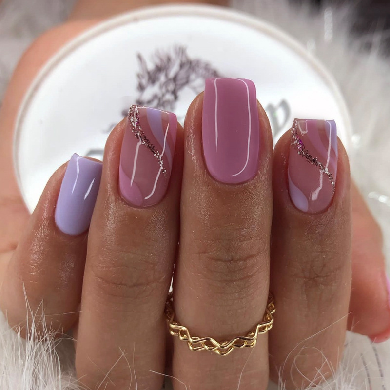 Gamehomew 24pcs French Blue Side False Nails Wearable Rhinestone Desgin Fake Nails Short Simple Nail Full Cover Nail Tips Press On Nails