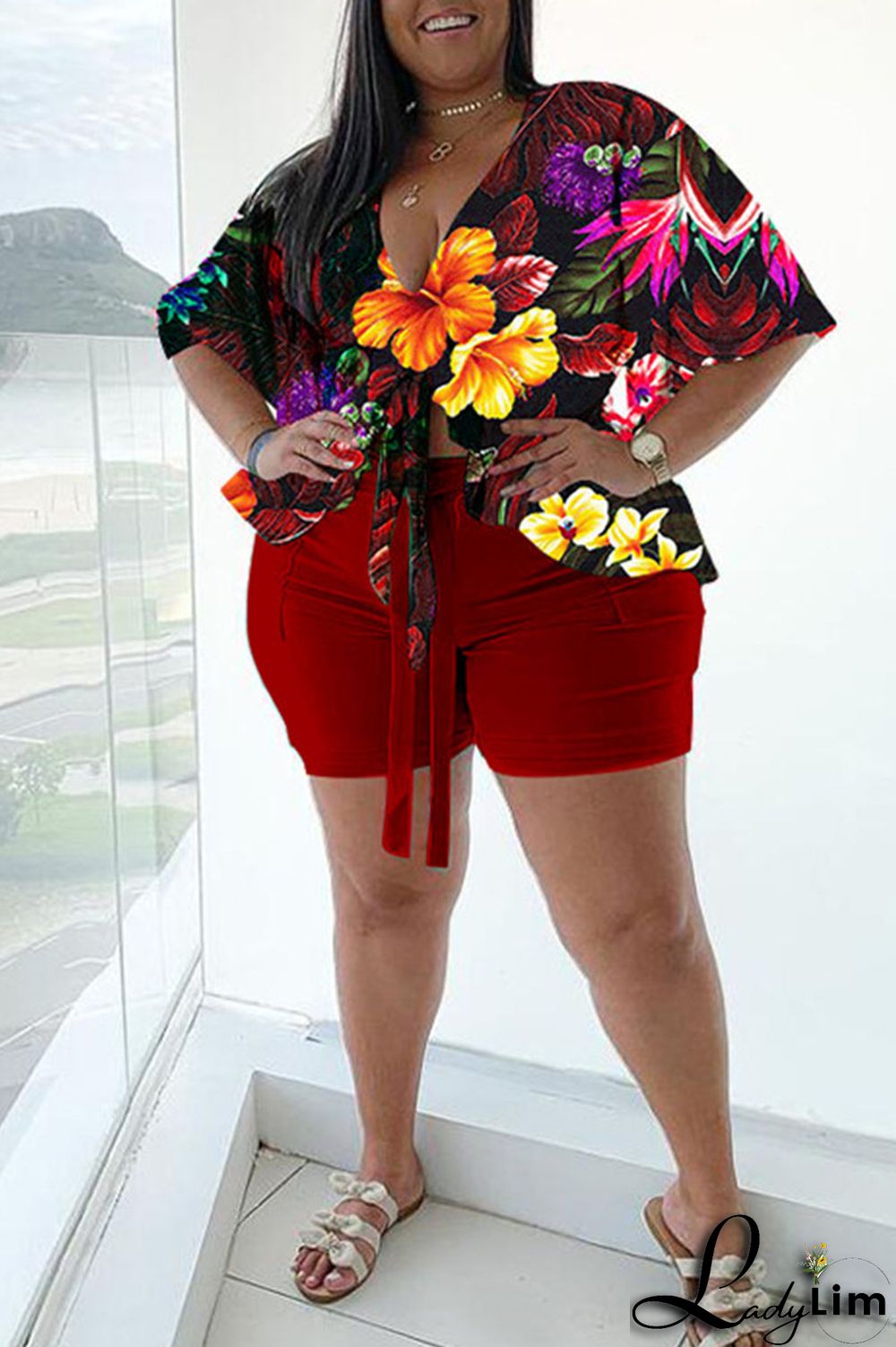 Green Casual Print Bandage Split Joint V Neck Plus Size Two Pieces