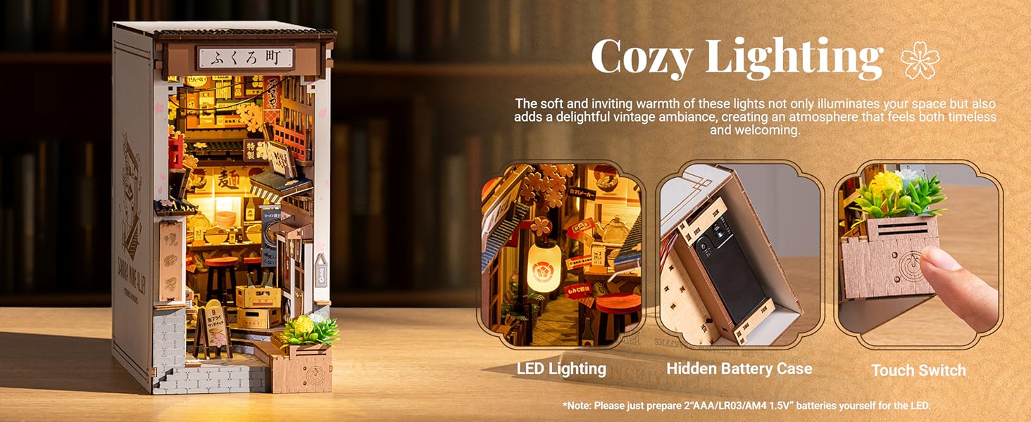 Tegooe DIY Book Nook Kit - Miniature Wooden Sakura Alley With LED Lights