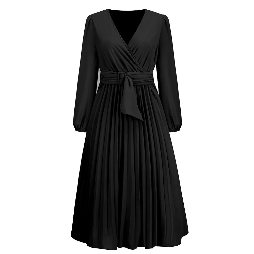 Women's V-Neck Pleated Chiffon Midi Dress