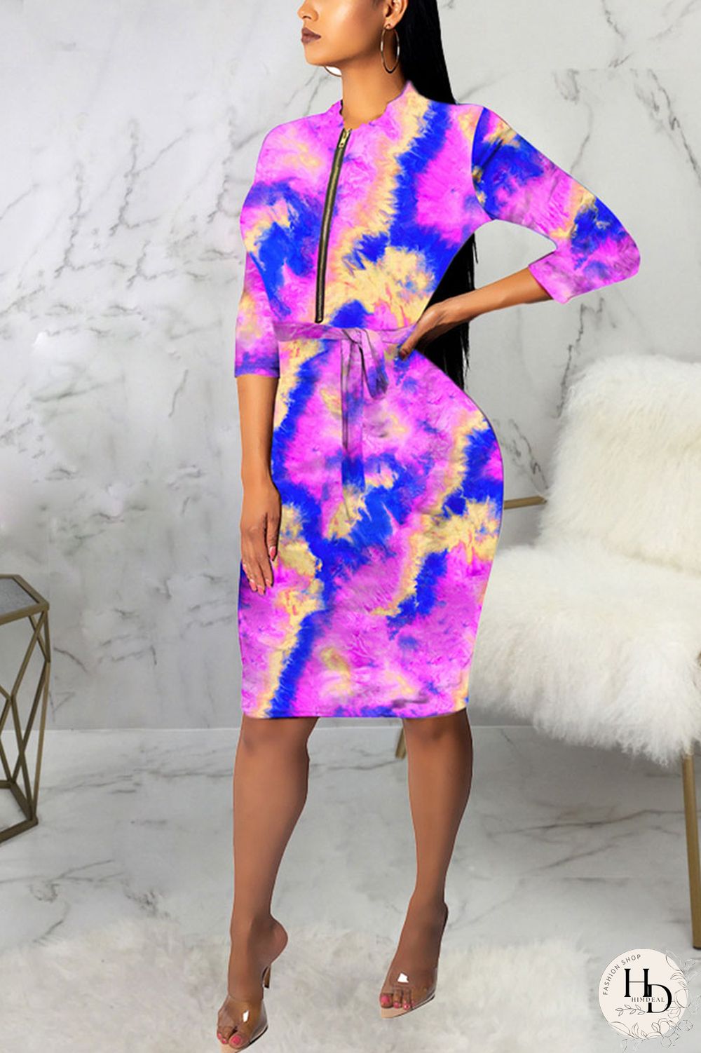 Powder blue Sexy Polyester Tie Dye Split Joint O Neck Long Sleeve Knee Length Long Sleeve Dress Dresses