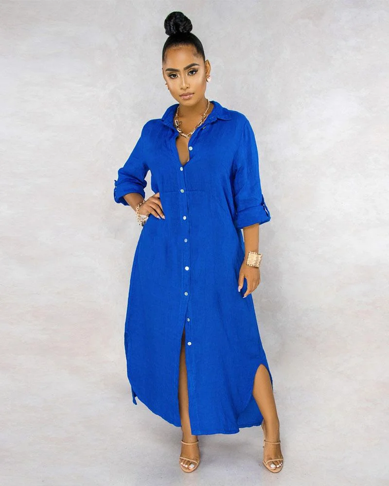 Solid Color Buttons Down Side Slit Shirts Maxi Dresses