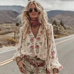 Women's Vacation Roses Print V-neck Linen Blend T-shirt - Image 2