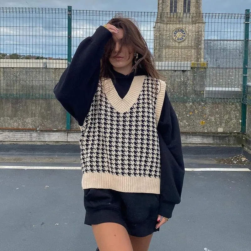 Tossy Casual Argyle Women's Vest Knitted Sleeveless Sweater Top For Women 2021 Autumn New V-Neck Pullover Vest Y2k Knitwear