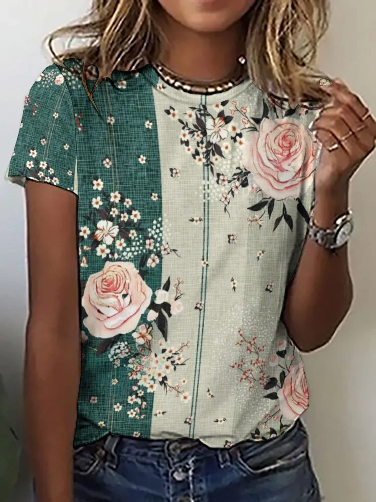Printed Short Sleeve Casual T-shirt for  Women and Men Unisex Pattern Floral,Pink,Green,Stitch