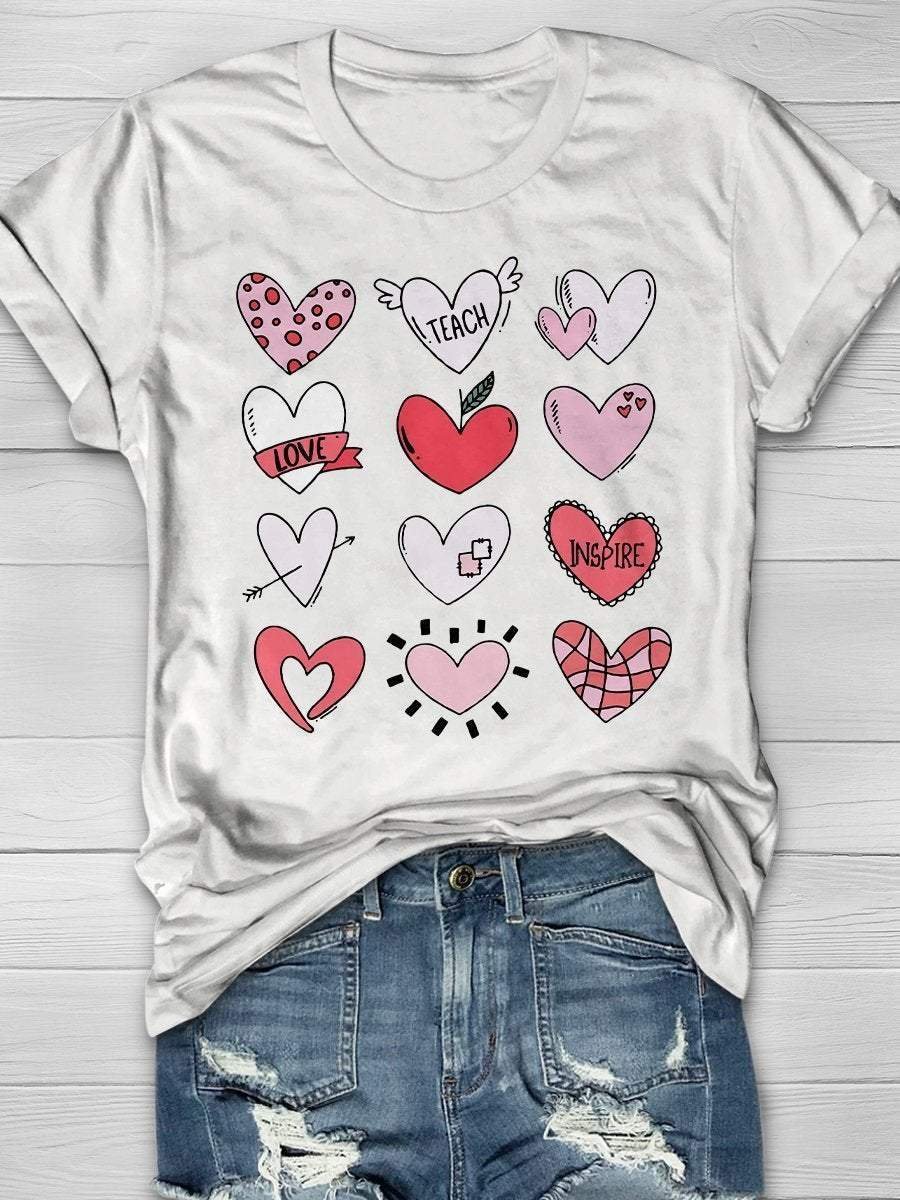 Love Teach Inspire Teacher Valentine Print Short Sleeve T-shirt
