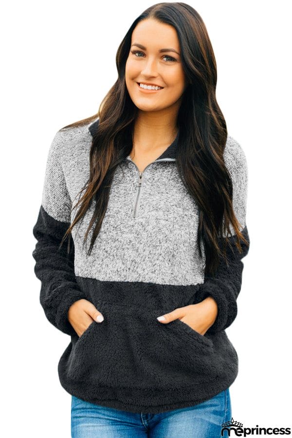 Color Block Zip High Neck Fleece Sweatshirt