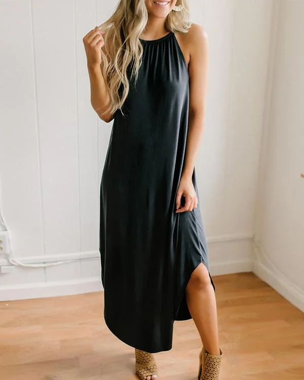Solid Color Sleeveless Halterneck Dress