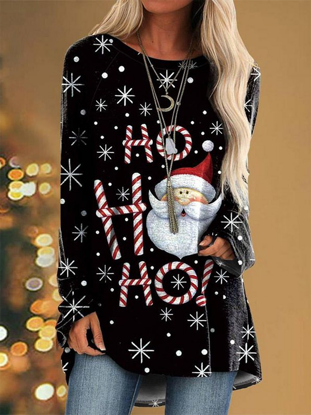 Ho Ho Ho Christmas Santa Claus Print Vintage Long Sleeve Tops