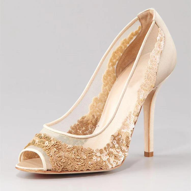 Beige Bridal Shoes Lace Heels Sequined Peep Toe Stiletto Heel Pumps |FSJ Shoes