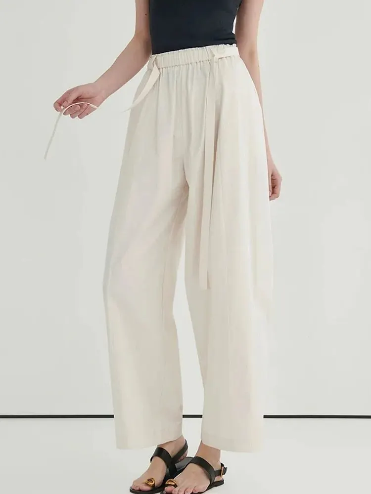 Elastic waistband gray-white wide-leg pants