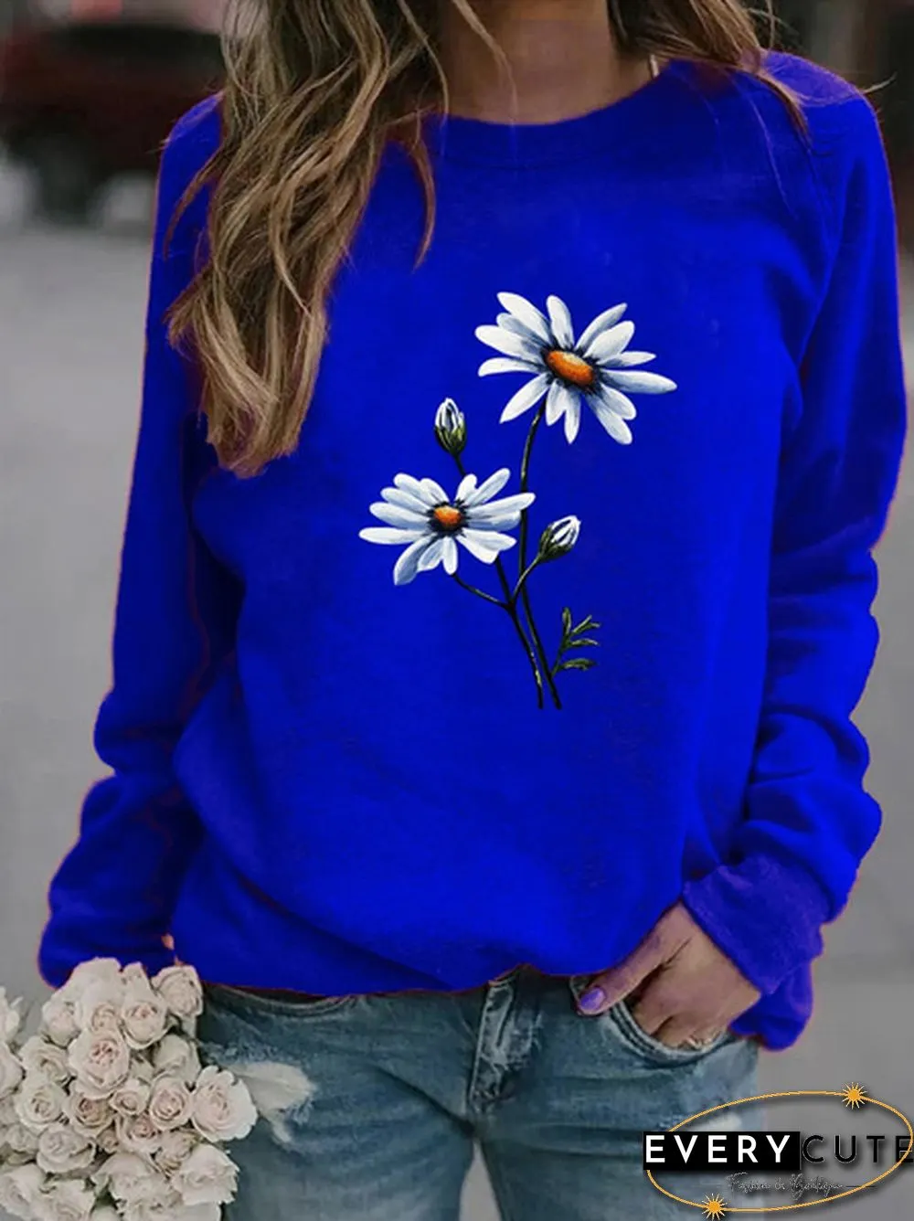 Womens Fashion Spring and Autumn Clothing Flower Print Casual Sweatshirt Long Sleeve