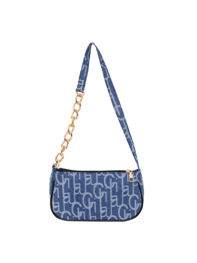 Design Women Letters Print Denim Shoulder Underarm Bag Handbag (Light Blue)
