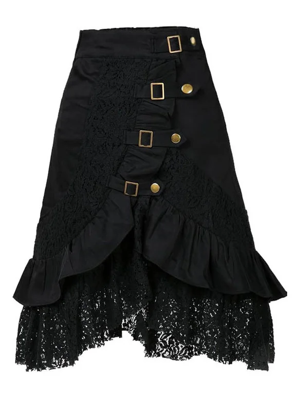 Black Gothic Metallic Ruffle Women Retro Skirt Novameme
