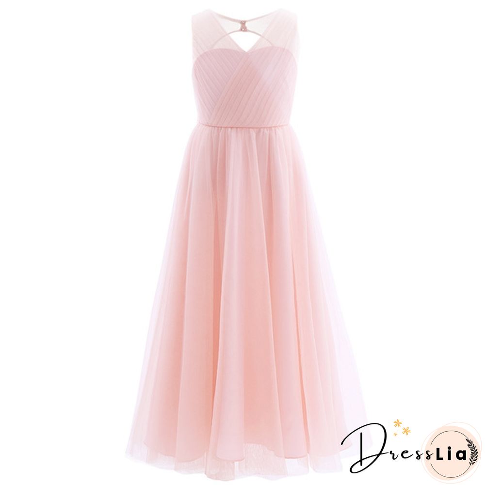 Girls Cutout Back Mesh Splice Sleeveless Flower Girl Junior Bridesmaid Dress Dance Party