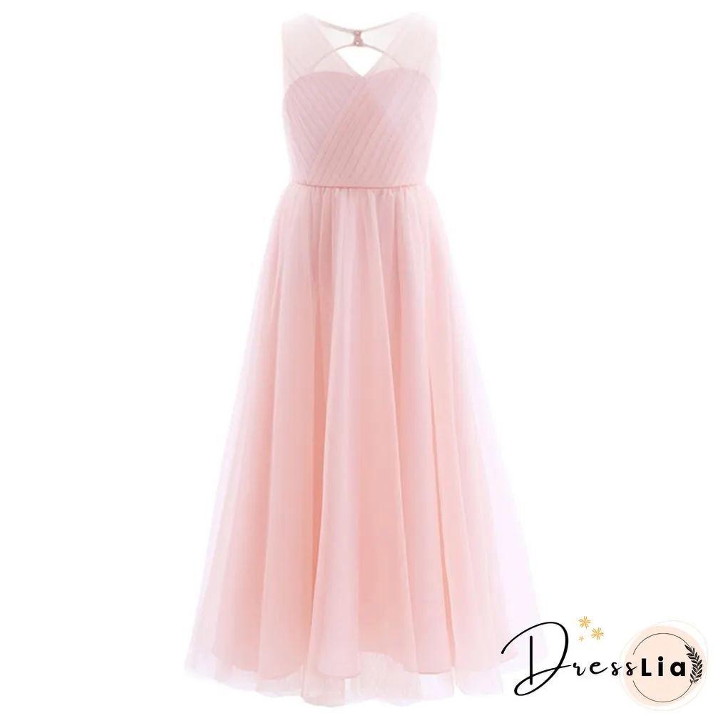 Girls Cutout Back Mesh Splice Sleeveless Flower Girl Junior Bridesmaid Dress Dance Party