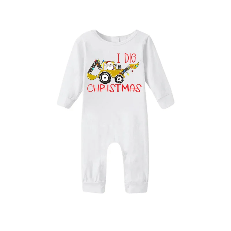 "I Dig Christmas" Cartoon Excavator Pattern White Long Sleeve with White&Red&Green Plaid Pants Family Matching Pajamas