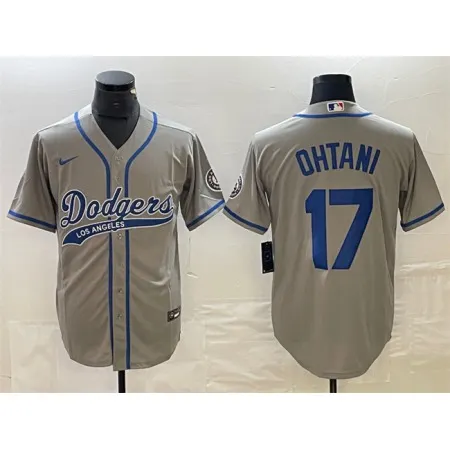 Men's Los Angeles Dodgers #17 Shohei Ohtani Grey Cool Base With Patch Stitched Baseball Jersey 6Z7T