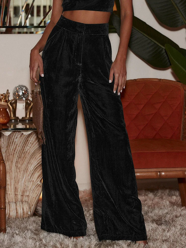 Casual Pocket High Waist Wide Leg Velvet Pants