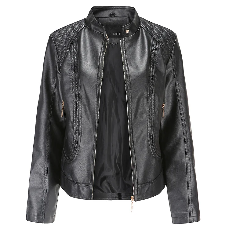Women's PU Leather Jacket Stand Collar Zipper Slim Fit Motorcycle Byker Jacket 6Colors