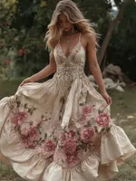 Women's Vintage Roses Embroidery Art V-neck Suspender Maxi Dress