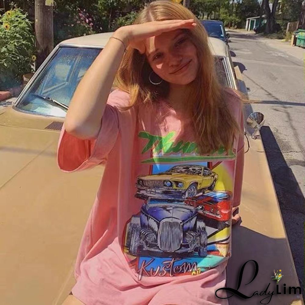 Gothic print Round Neck loose short sleeves t-shirt