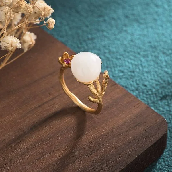 Natural Jade White Jade Lotus Flower Lucky Ring