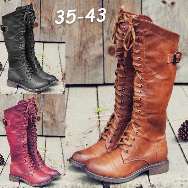 Womens Brown Knee High Boots Leather Cross Straps High Riding Boots Martin Boots - Shop Trendy Women's Fashion | TeeYours