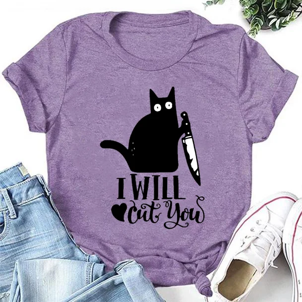 I Will Cute You Letter Cat Print Women Slogan T-Shirt