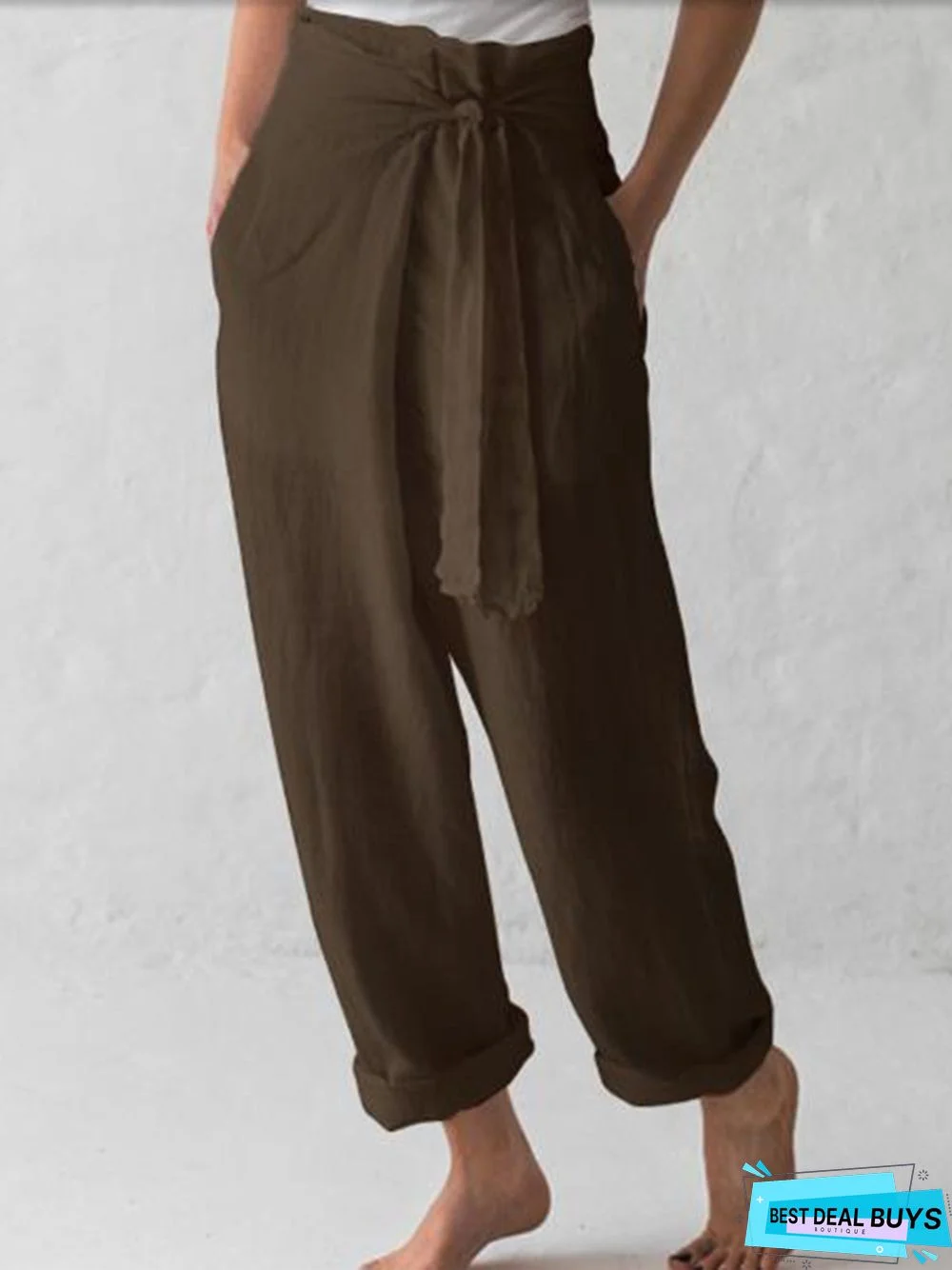 Women Cotton-Blend Linen & Cotton Pants With Belt