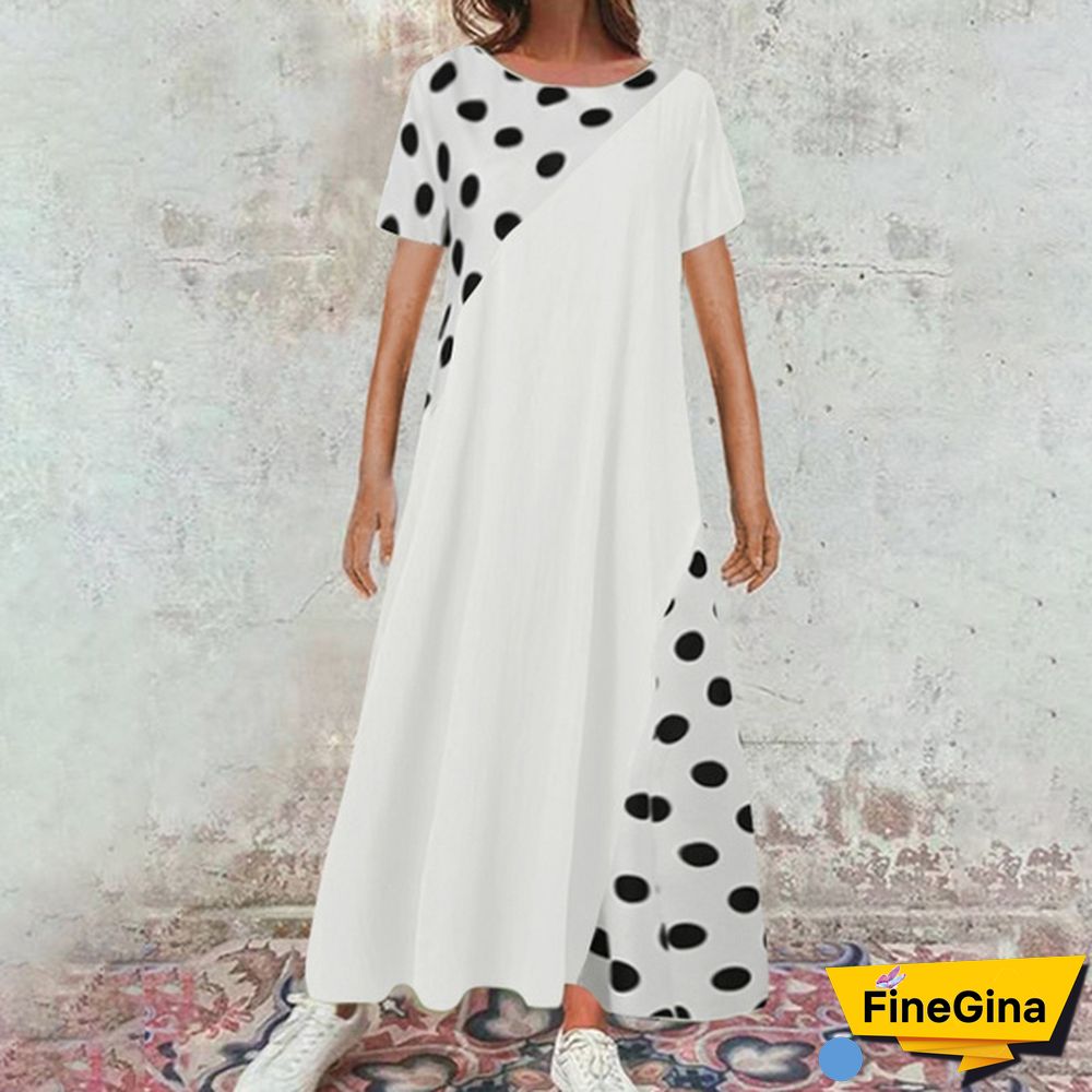 Summer Women Polka Dot Maxi Dress Robe Short Sleeve Round Neck Patchwork Party Casual Loose Long Dress Plus Size Tunic