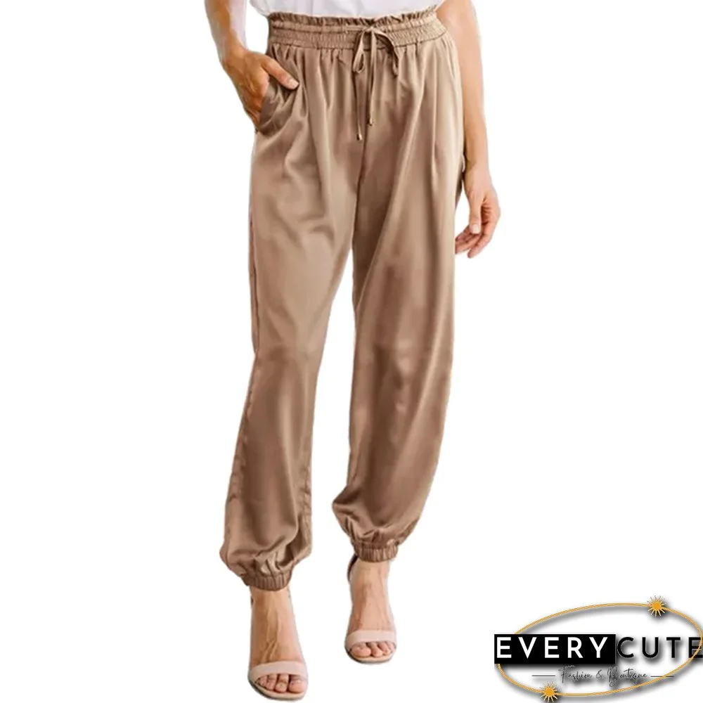 Khaki Lace-up High Waist Pocketed Casual Pants