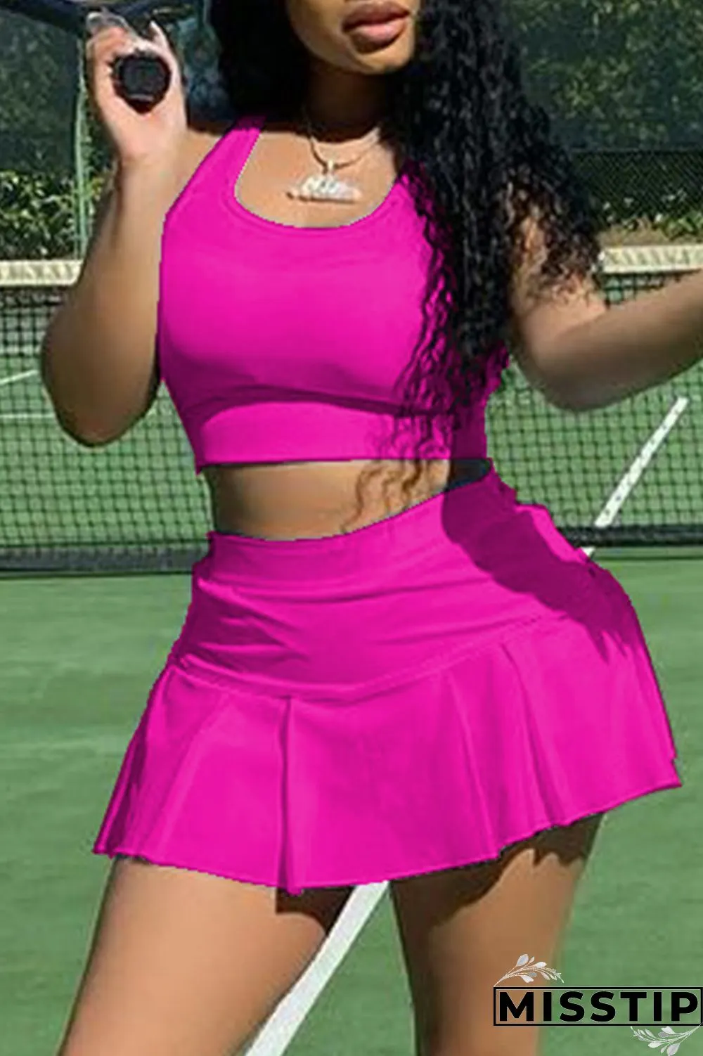 Pink Casual Sportswear Solid Basic U Neck Sleeveless Two Pieces