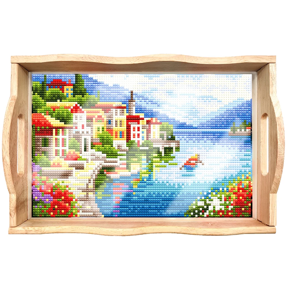DIY Garden Lakeside Diamond Painting Wooden Nesting Food Trays with Handle Coffee Table Tray