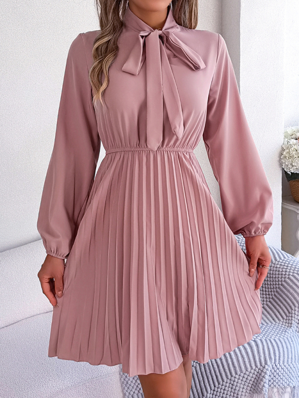 Mature Women Autumn And Winter Temperament Tie Waist Long Sleeve Pleated Skirt Dress