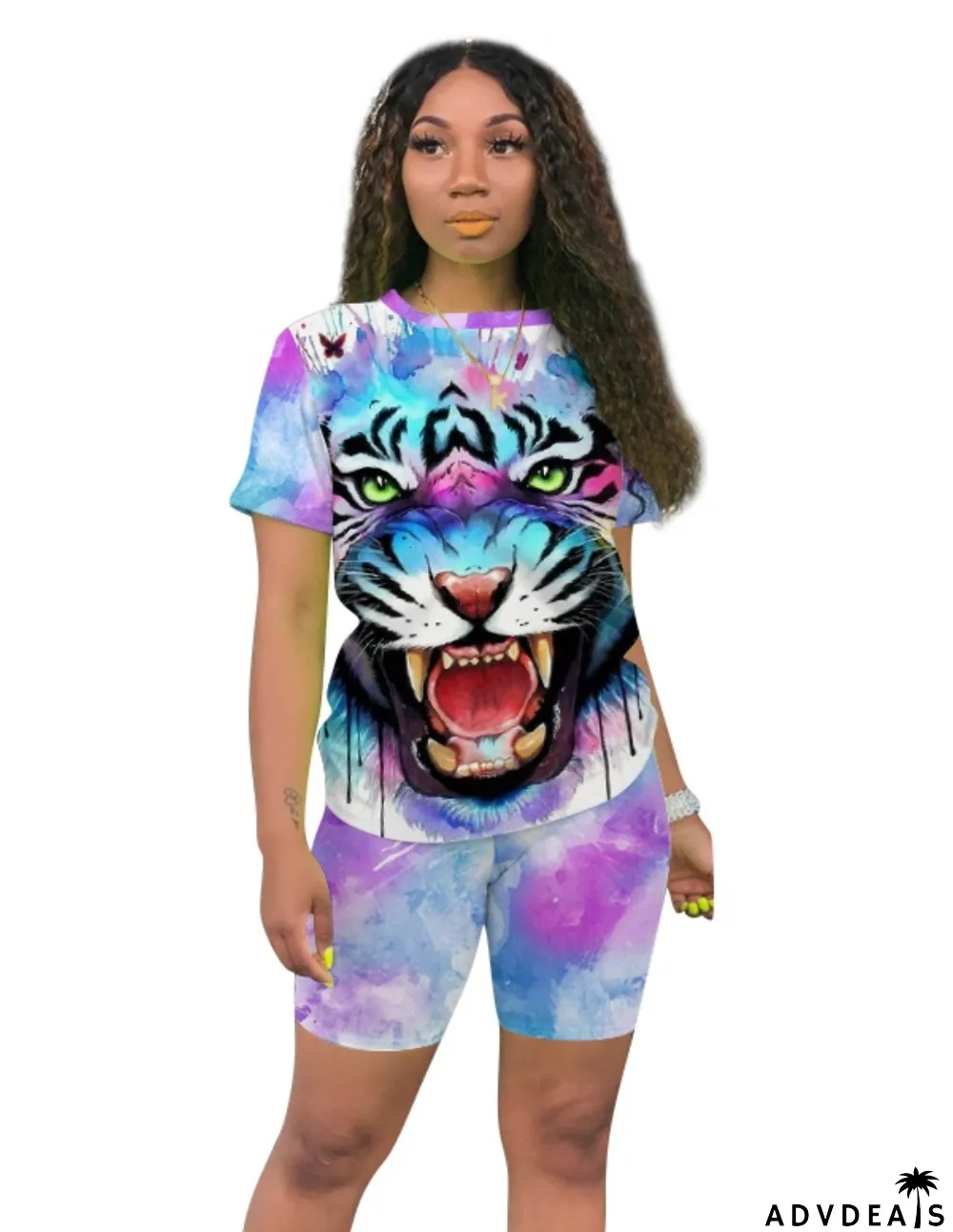 Summer Tie Dye Animal Two Piece Shorts Set