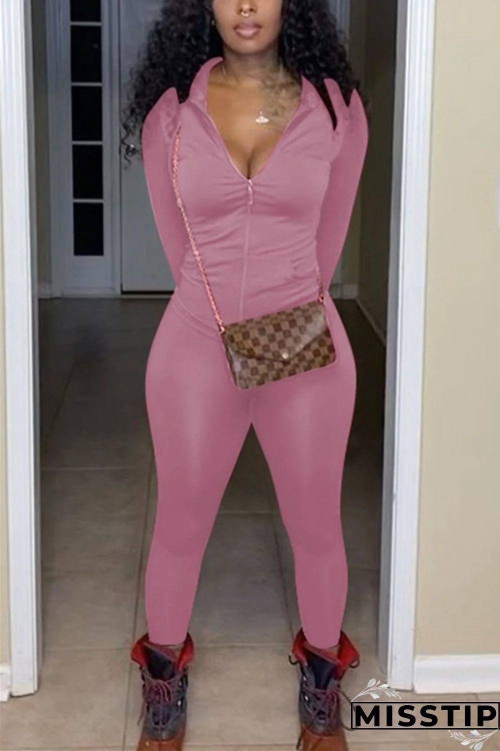 purple Fashion Sexy Solid Zipper Collar Long Sleeve Regular Sleeve Regular Two Pieces