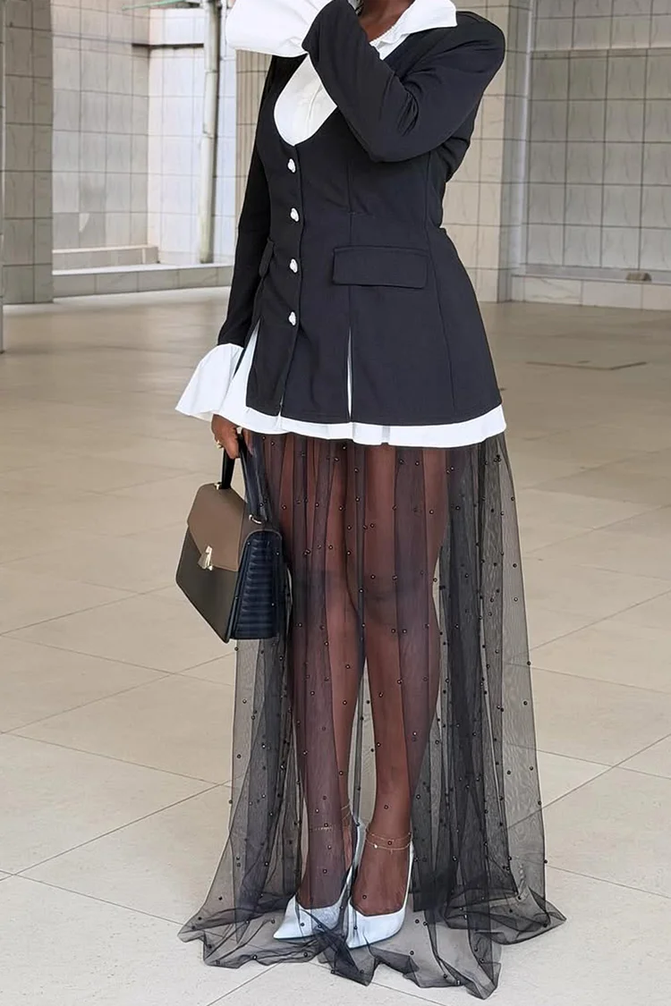 Plus Size Party Black Pearls See Through Tulle Skirts [Pre-Order]