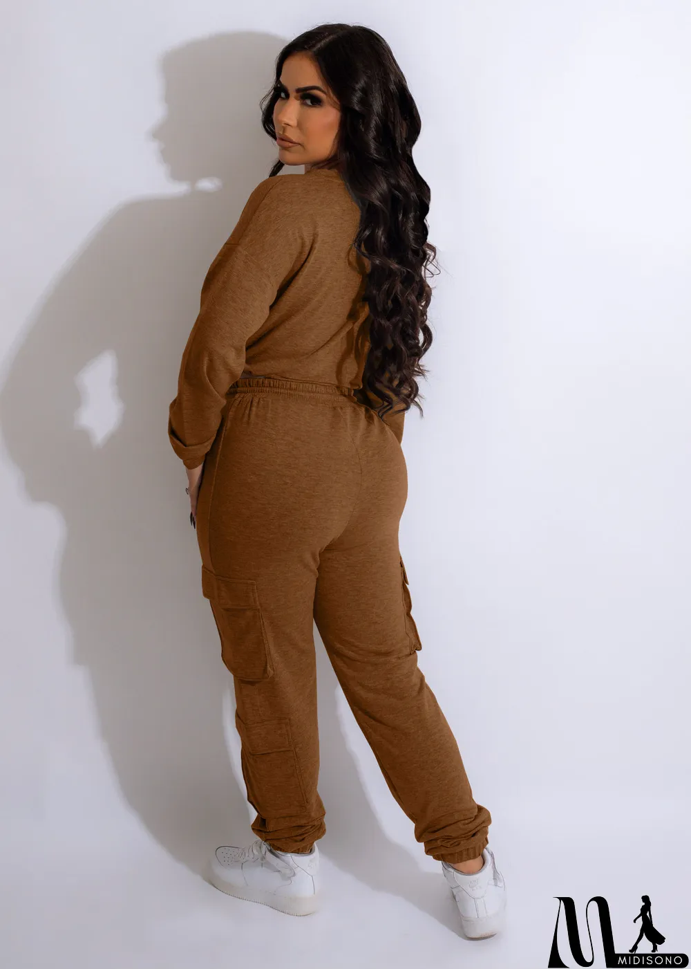 MidiSono - Solid Color Drawstring Crop Tops And Pant 2 Piece Set