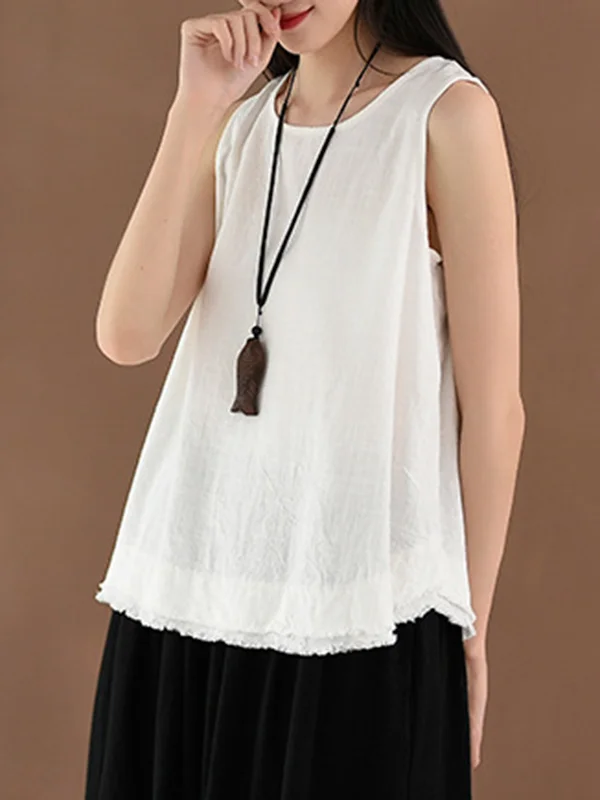 Solid Color Fringed Sleeveless Loose Round-Neck Vest Top