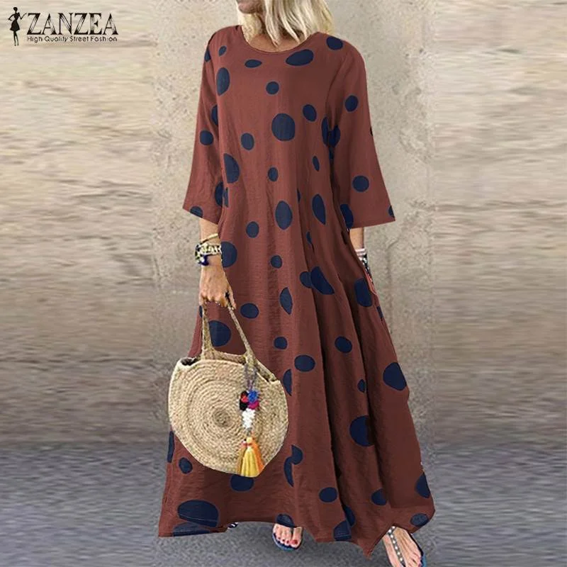 ZANZEA Autumn 3/4 Sleeve Polka Dot Printed Long Dress Vintage Women's Cotton Linen Dresses Female Kaftan Vestido Femme Sundress