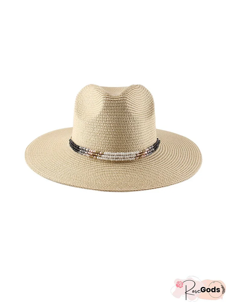 Beach Resort Wind Sun Protection Woven Ethnic Beaded Straw Hat