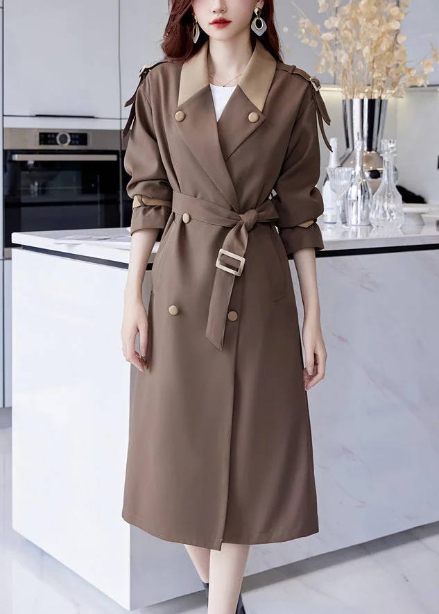 French Brown Button Tie Waist Cotton Long Trench Coat Fall