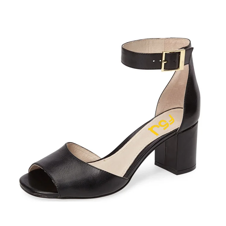 Black Ankle Strap Sandals Peep Toe Block Heels |FSJ Shoes