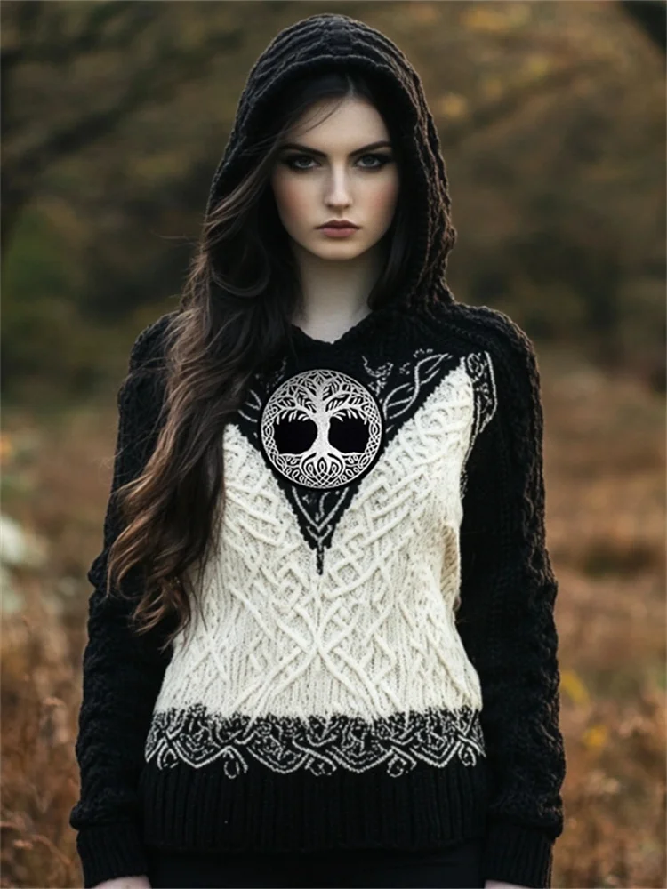 Viking Tree Of Life Contrast Color Cozy Hooded Sweater