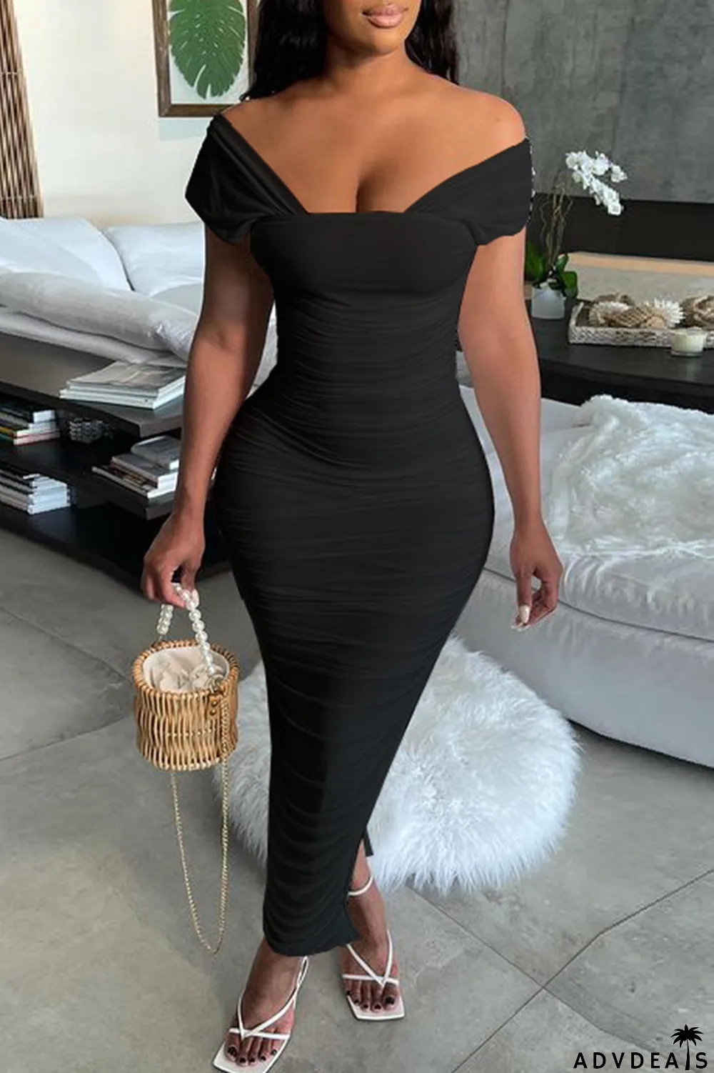 Black Sexy Solid Split Joint Square Collar Pencil Skirt Dresses