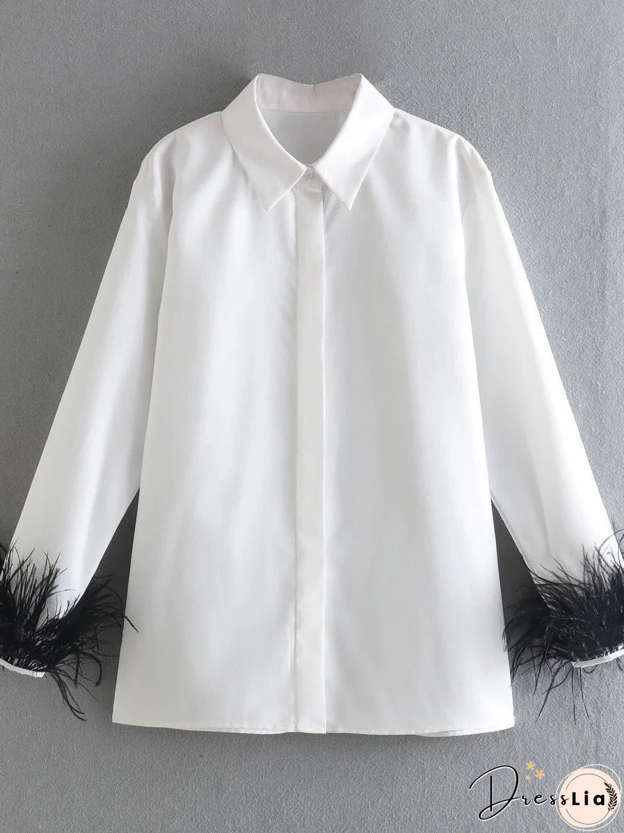Women's Blouses Feather Lapel Long Sleeve Blouse