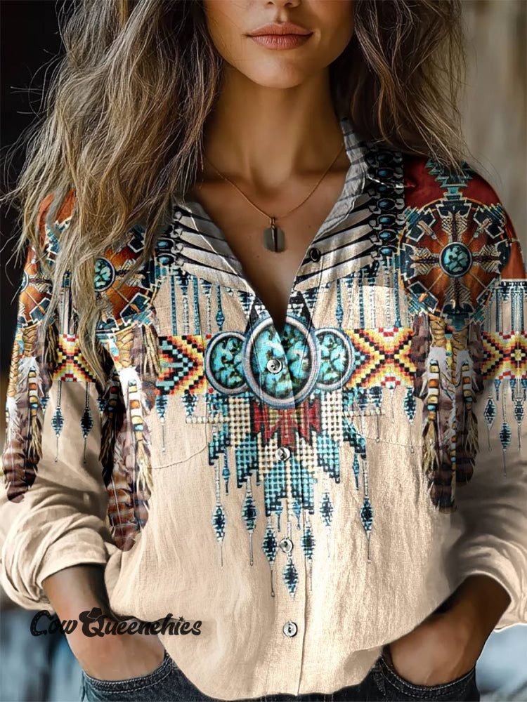 Women&rsquo;s Native American Print Casual Long Sleeve Comfortable Cotton Shirt Multicolor / S
